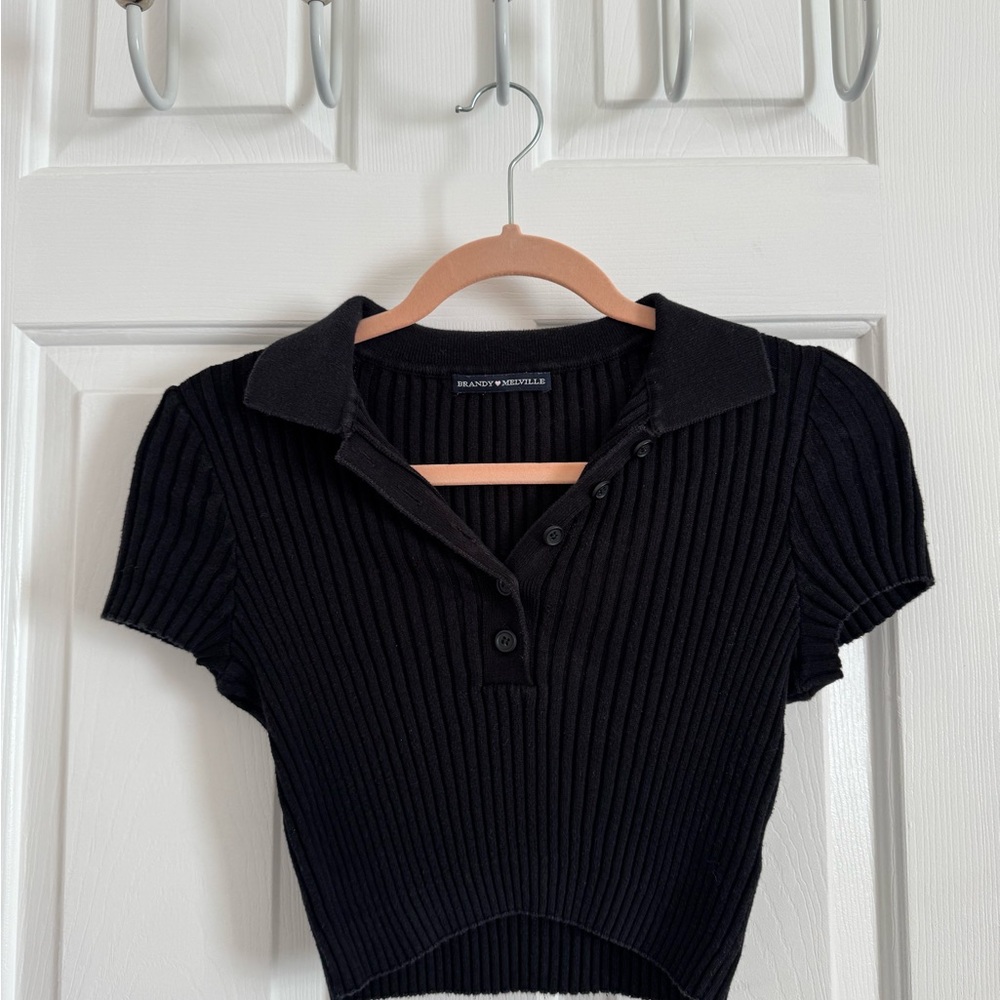 Brandy Melville Black Ribbed Button-Up Crop Top